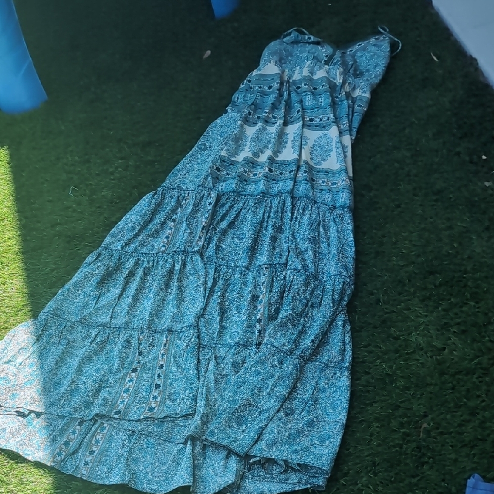 Blue Ruffled Tiered Sleeveless Maxi Sundress